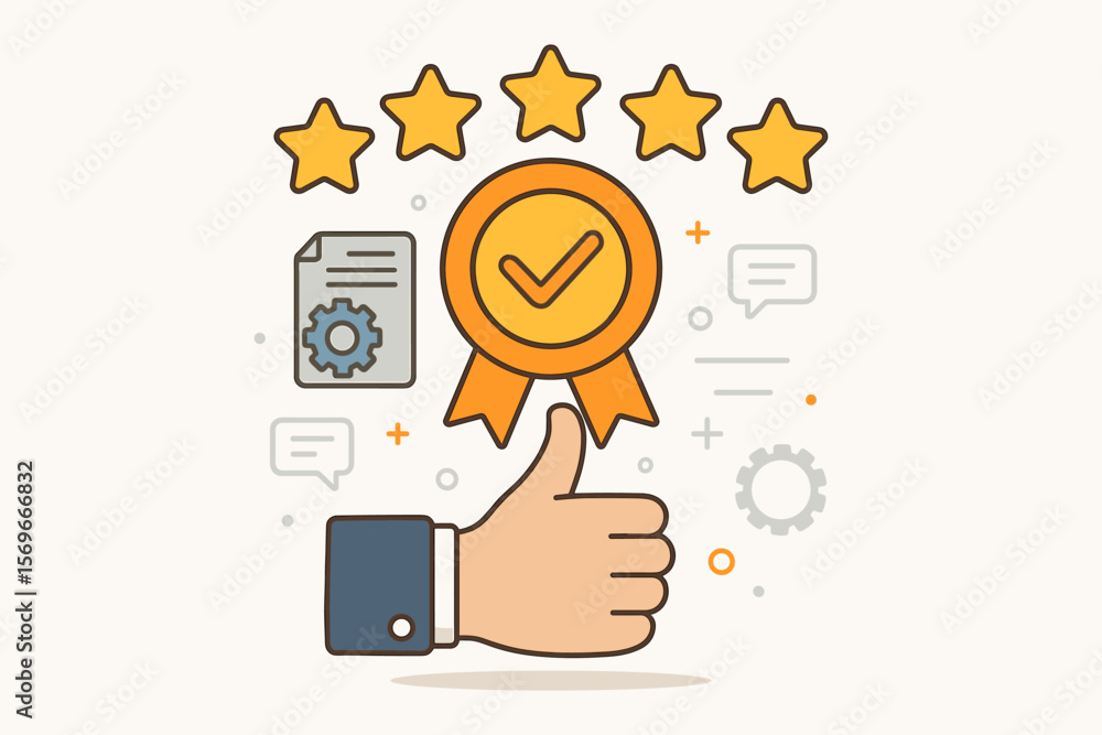 Quality assurance concept with hand showing thumbs up. Top service guarantee with a 5 star rating. Standardization, ISO certification and excellent customer experience vector. Quality assurance concept with hand showing thumbs up. Top service guarantee with a 5 star rating. Standardization, ISO certification and excellent customer experience vector.
