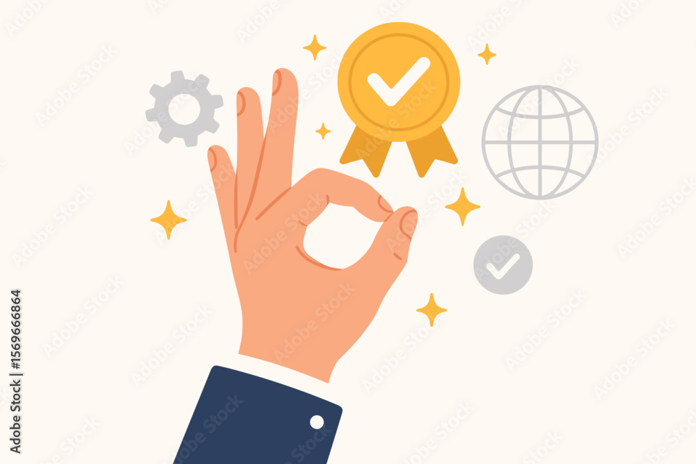 Hand shows OK sign. Quality assurance concept with medal and checkmark. Guarantee, standards, ISO certification and standardization. Top service and satisfaction experience. Hand shows OK sign. Quality assurance concept with medal and checkmark. Guarantee, standards, ISO certification and standardization. Top service and satisfaction experience.