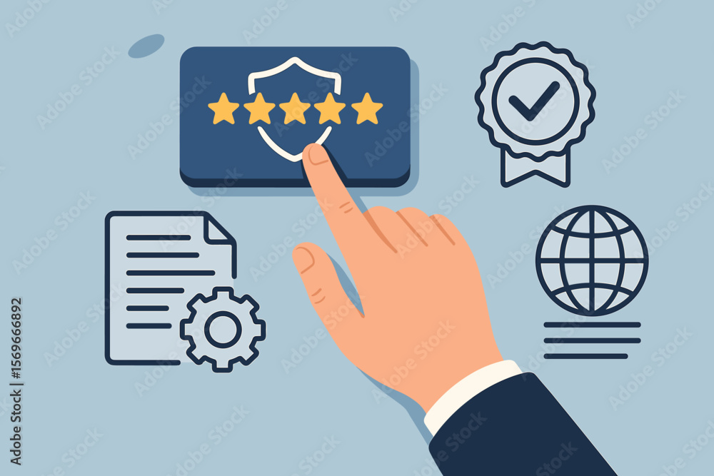 Hand touching five star rating for quality assurance. Concept of top service, guarantee, standards, ISO certification, and customer satisfaction. Business experience symbol. Hand touching five star rating for quality assurance. Concept of top service, guarantee, standards, ISO certification, and customer satisfaction. Business experience symbol.