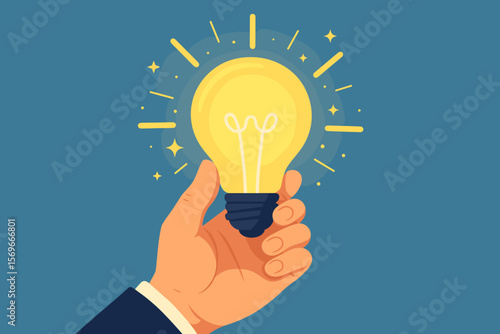 Man's hand holding a glowing light bulb. Concept of a new idea, innovation, inspiration, and creativity. Brainstorming a business solution. Modern flat vector illustration.