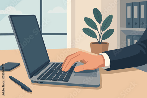Businessman hand typing on laptop keyboard at the office desk. Modern flat vector illustration of a corporate employee working on a computer. Business workplace concept.