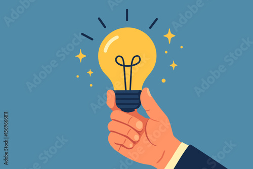 Businessman hand holding glowing light bulb. Concept of idea, creativity, innovation, inspiration, and solution. Success and discovery symbol. Flat vector cartoon illustration.