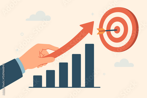 Hand holding a growth arrow on a bar chart aiming for a target. Business strategy concept for success, goal achievement, profit increase, investment, and financial development.