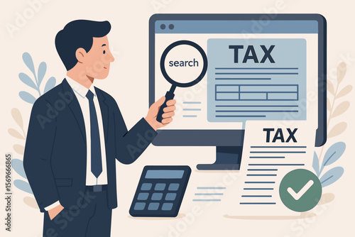 Businessman filing individual income tax return form online. E-tax payment concept with man at computer searching for government tax data, doing financial analysis and paperwork.