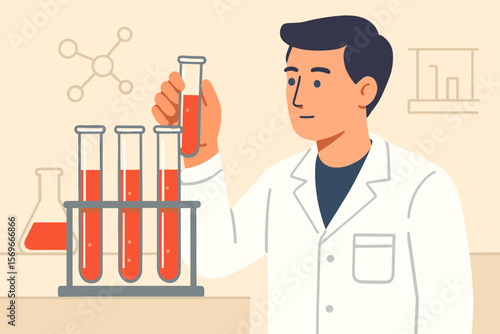 Scientist in lab coat conducting research. Man, researcher, or doctor holding test tube with red liquid. Medical blood test, chemistry experiment in a laboratory concept vector.