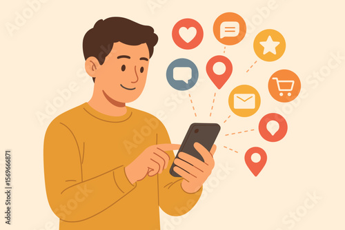 Young man using smartphone for social media. Person browsing mobile with notification icons for like, comment, email, online shopping, location. Digital communication concept.
