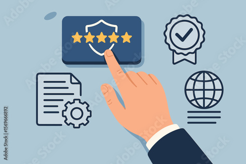 Hand touching five star rating for quality assurance. Concept of top service, guarantee, standards, ISO certification, and customer satisfaction. Business experience symbol.