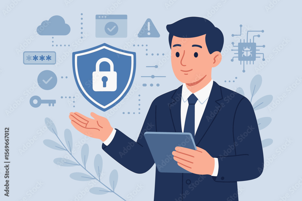 Businessman Demonstrating Cybersecurity Concept, Data Protection, Internet Security, Virus Protection, Online Cyberattack Prevention, Secure Device, Password, Shield, Technology Businessman Demonstrating Cybersecurity Concept, Data Protection, Internet Security, Virus Protection, Online Cyberattack Prevention, Secure Device, Password, Shield, Technology