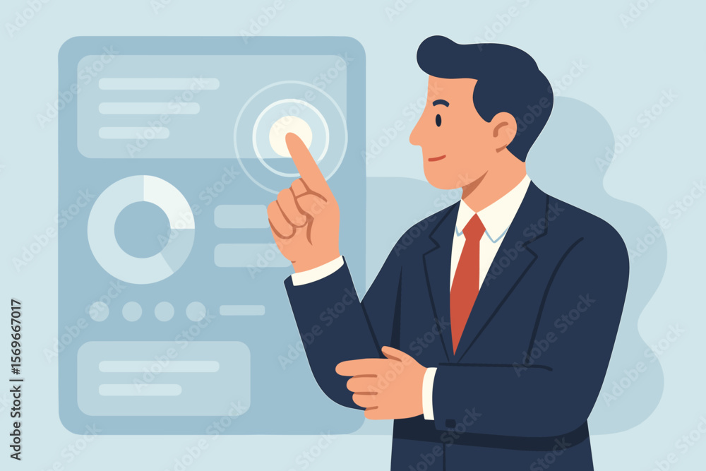 Businessman in suit interacting with digital touchscreen interface, data analysis dashboard, modern flat vector illustration, technology innovation, corporate management concept Businessman in suit interacting with digital touchscreen interface, data analysis dashboard, modern flat vector illustration, technology innovation, corporate management concept