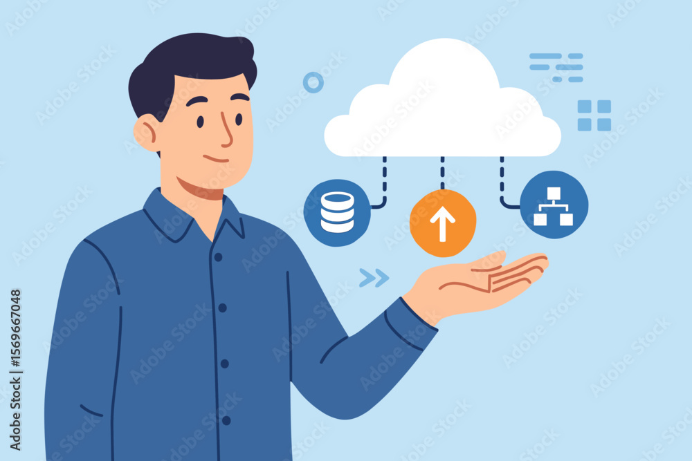 Businessman presenting cloud computing technology, network data storage, database management, digital upload, cloud service integration, modern IT vector illustration Businessman presenting cloud computing technology, network data storage, database management, digital upload, cloud service integration, modern IT vector illustration
