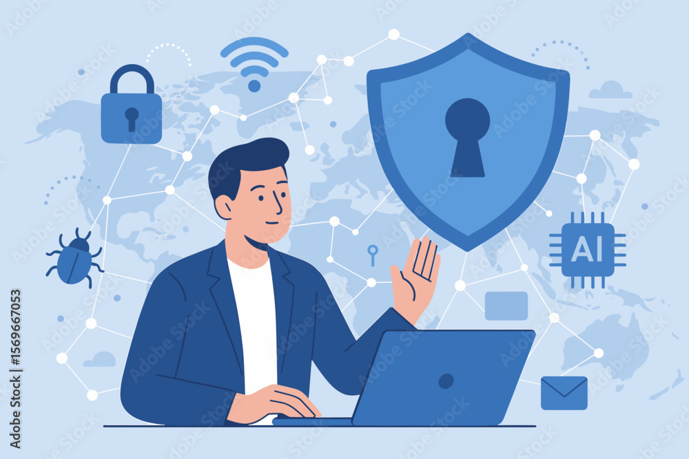 Cybersecurity and Data Privacy Protection with Artificial Intelligence, Businessman Using AI Technology for Secure Data Management, Network Security, Malware Prevention, Encryption Cybersecurity and Data Privacy Protection with Artificial Intelligence, Businessman Using AI Technology for Secure Data Management, Network Security, Malware Prevention, Encryption
