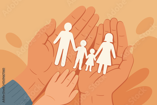 Family protection concept. Mother and baby hands holding paper cutout of parents, son, daughter. Happy family care, safety, support, love. Modern flat vector illustration