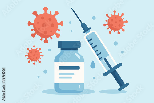 COVID-19 vaccine injection concept. Syringe and vial with coronavirus virus cells. Immunization, prevention, pandemic, healthcare, vaccination, medical treatment, flat vector illustration.