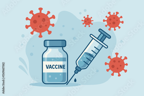 Vaccine and Syringe Injection for COVID-19 Prevention, Immunization, Coronavirus Treatment, Medical Immunology, Infectious Disease Control, Virus Protection, Modern Flat Vector