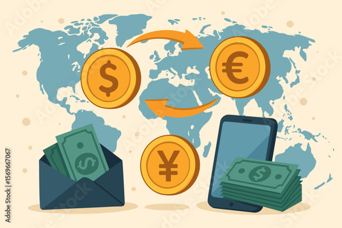 Global money transfer and currency exchange concept. International finance, digital banking, world map, dollar, euro, yen coins, mobile payment, cash envelope, vector illustration