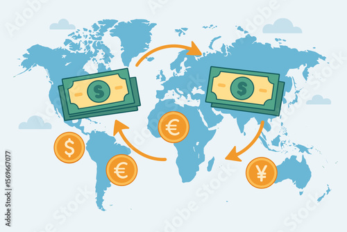 Global money transfer and currency exchange concept. International finance, banking, world payment system, dollar euro yen coins, banknotes, world map, financial transaction vector