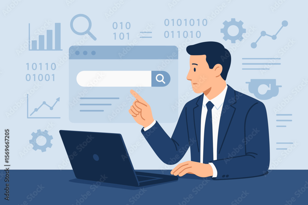 Businessman using laptop for data search, artificial intelligence assistant, virtual screen, search engine optimization, analytics, technology, information research concept Businessman using laptop for data search, artificial intelligence assistant, virtual screen, search engine optimization, analytics, technology, information research concept