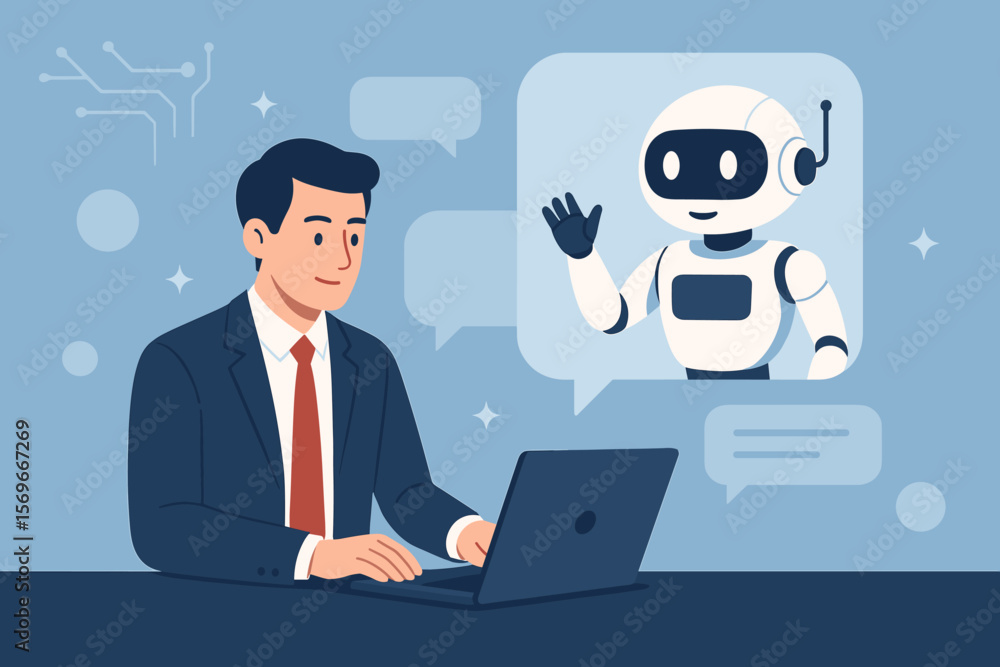 Businessman using laptop to chat with AI chatbot. Man communicating with robot assistant. Artificial intelligence, virtual support service, and future technology concept. Businessman using laptop to chat with AI chatbot. Man communicating with robot assistant. Artificial intelligence, virtual support service, and future technology concept.