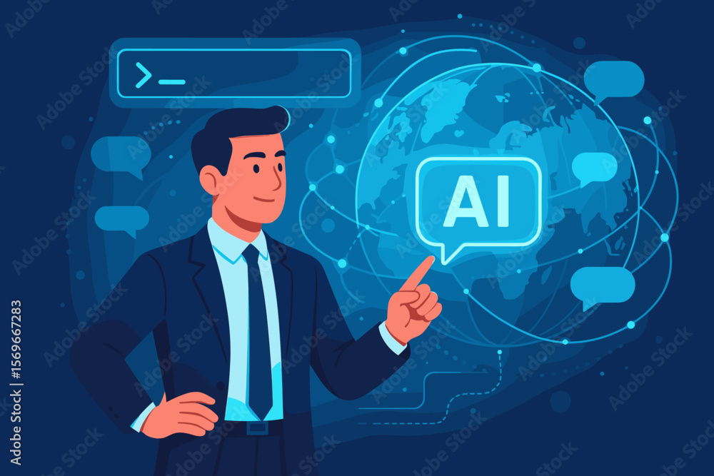 Businessman interacts with AI on a virtual interface. Concept for Artificial Intelligence, global communication, and business technology. Chatting with a bot using a command prompt. Businessman interacts with AI on a virtual interface. Concept for Artificial Intelligence, global communication, and business technology. Chatting with a bot using a command prompt.