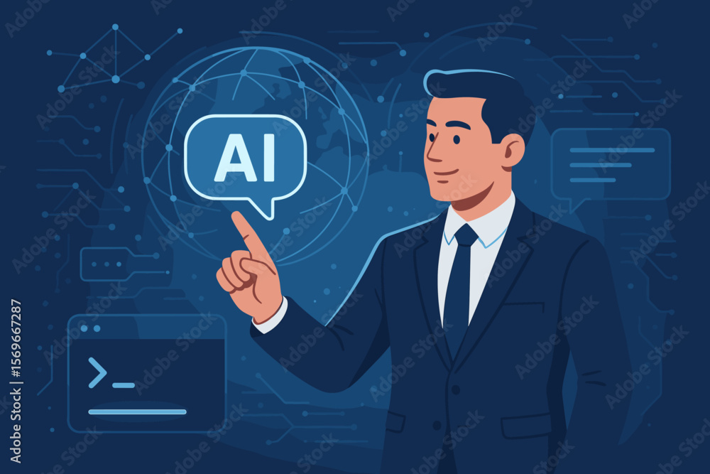Artificial Intelligence AI concept. Businessman using virtual interface. Global internet connection. Chat with AI. Command prompt for generative tech. Futuristic technology. Artificial Intelligence AI concept. Businessman using virtual interface. Global internet connection. Chat with AI. Command prompt for generative tech. Futuristic technology.