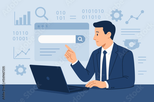 Businessman using laptop for data search, artificial intelligence assistant, virtual screen, search engine optimization, analytics, technology, information research concept