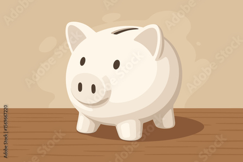 White ceramic piggy bank savings concept. Cute money box on wooden table. Modern flat cartoon vector illustration. Finance, banking, investment, budget planning, economy symbol.
