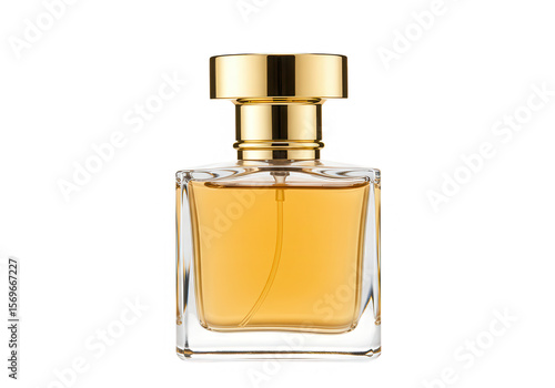 Elegant square glass perfume bottle with golden cap isolated on transparent background