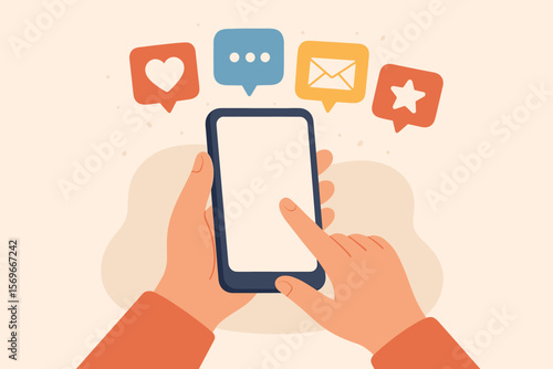Social media interaction concept with hands holding smartphone, notification icons for like, message, email, comment, star, communication, mobile app interface illustration