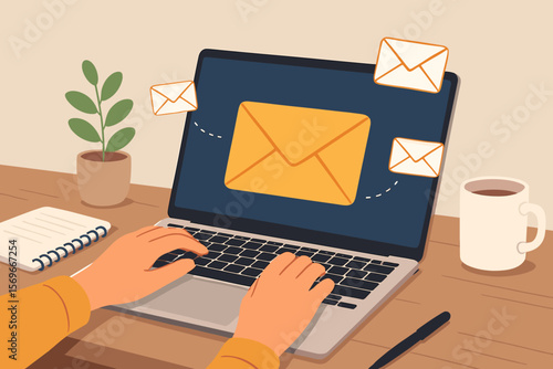 Email Marketing Concept Illustration. Woman Typing on Laptop Keyboard Sending Newsletter. Digital Communication, Online Messaging, Office Workspace, Remote Work, Email Notification Icons
