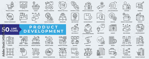 Product Development icon collection set. Containing development, product, strategy, business, innovation, marketing, management, growth, planning and teamwork. Simple Outline Vector. 