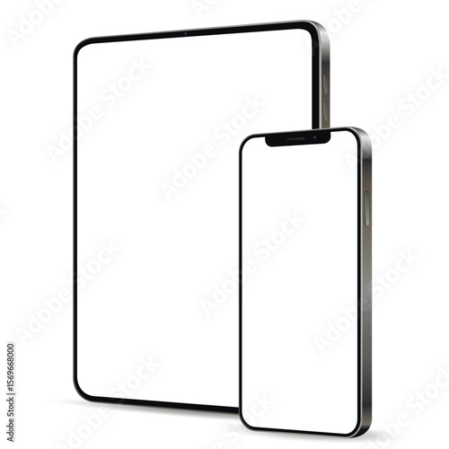 Tablet computer and smartphone mockup with blank screen isolated on white background