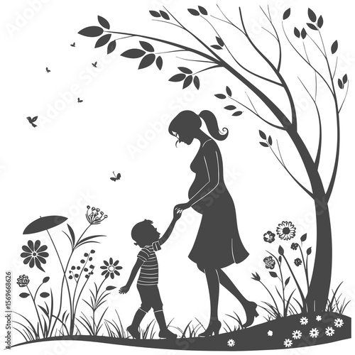 Pregnant Mother Walking with Child Silhouette – Nature Scene Vector Illustration
