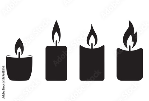 Four black silhouette candles with flames on a white background