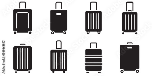 Luggage, travel bag, suitcase symbols. Vector icons, Minimal Baggage, suitcase icon outline coloring book page line art vector silhouettes