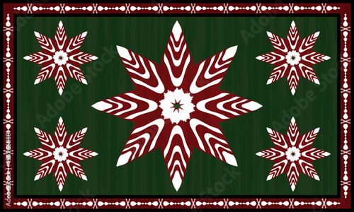 The red border carpet pattern has a pattern arranged in a row and in the middle of the red and white there are beautiful flowers arranged in an orderly manner. fabric patterns, vectors, green 
