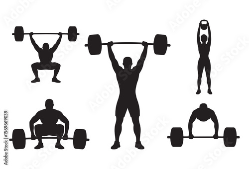 Silhouettes of athletes performing various weightlifting exercises with barbells and kettlebells