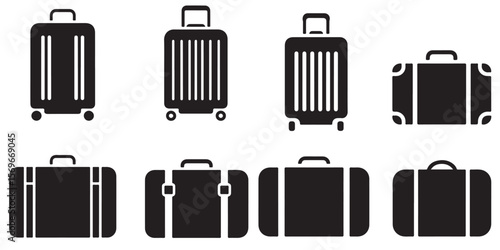 Luggage, travel bag, suitcase symbols. Vector icons, Minimal Baggage, suitcase icon outline coloring book page line art vector silhouettes