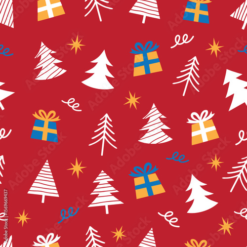 Foto Seamless Gifts And Christmas Tree Pattern Design Red Background