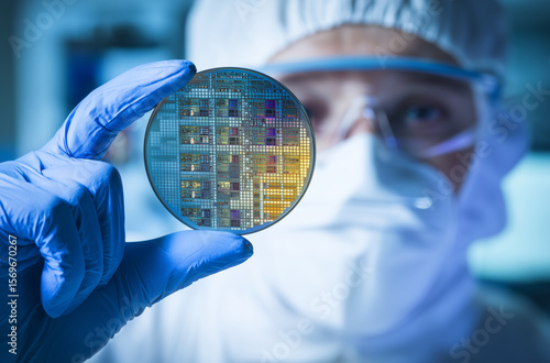 Scientist examining a silicon wafer in a laboratory setting