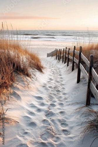 Sandy path through dunes with a wooden fence leads to a calm beach at sunset, featuring gentle waves and a pastel sky.
