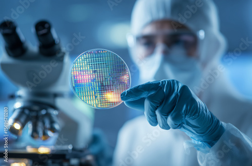 Scientist examining a semiconductor wafer in a laboratory setting