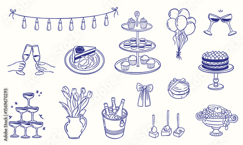 vector doodle illustration of luxury party theme - hand drawn sketch - collection set