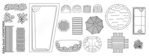 A drawing of a pool and patio with a variety of items including a chair, umbrella, and a bench. vector hand sketch style illustrations, landscape design icons isolated on transparent background