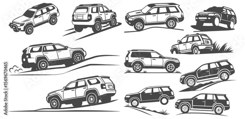 Off-Road SUV Illustrations Set - 4x4 Adventure Vehicle Vector Icons
