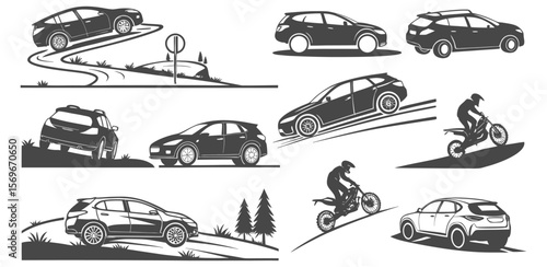Crossover SUV and Dirt Bike Illustrations Set - Off-Road Adventure Vehicle Icons
