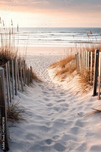 A sandy path flanked by wooden fences leads to a calm beach with gentle waves under a pastel-colored sky at sunset.