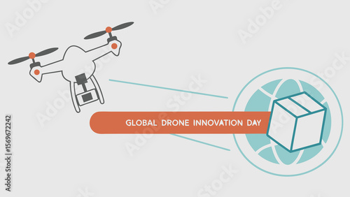 Drone Delivery Global Innovation: Modern Minimalist Graphic Illustrating Worldwide Package Transport via Unmanned Aerial Vehicle Technology.