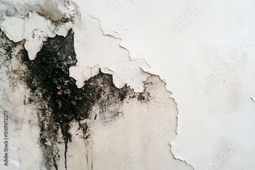 A white wall with peeling paint and black mold or mildew stains spreading unevenly across the surface.