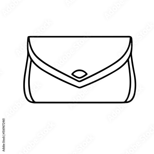 A simple, minimalist line drawing of a clutch purse with a triangular flap closure and a small clasp.