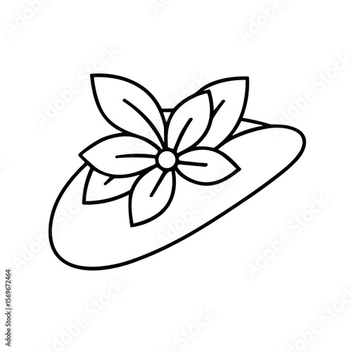 Elegant women's hat adorned with a floral design, simple line drawing.